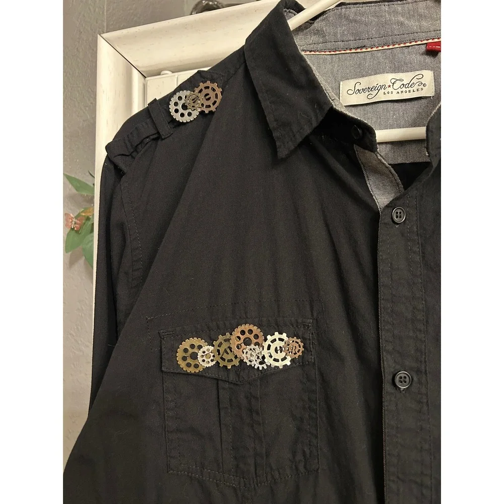 Black y2k Steampunk Gear Button Up Shirt Long Sleeve Cotton XLarge Alt Goth